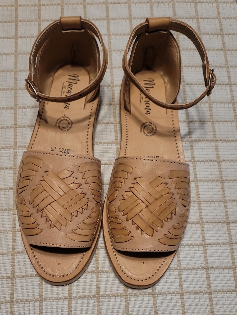 Tan Woven Leather Ankle-Strap Sandals